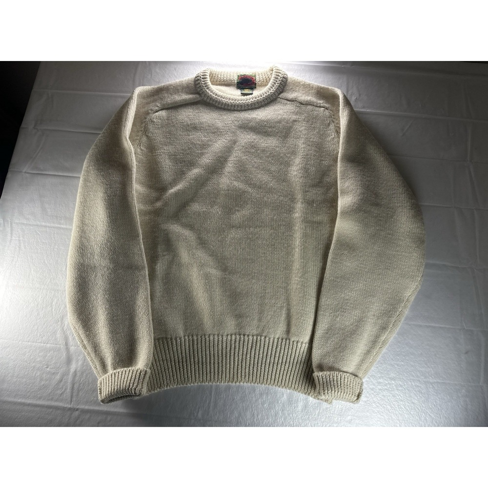 VTG 80s Boston Trader Wool Crewneck Sweater Mens Large Cream Oatmeal Pure Wool